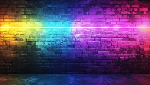 Chromatic neon band illuminating textured brick substrate.