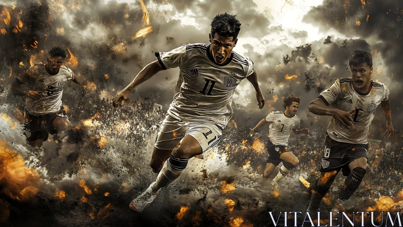 Intense digital scene of soccer players sprinting hard.