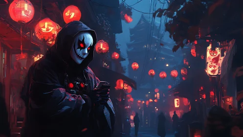 Lantern-lit alley stalked by a hooded digital reaper figure.