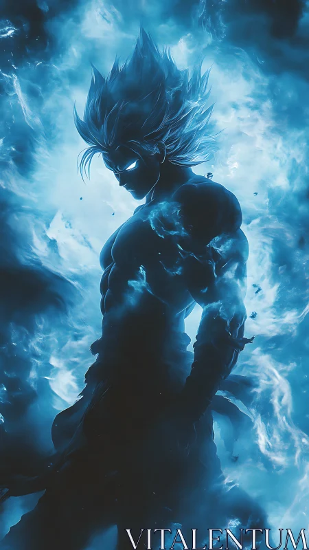 Celestial warrior ignites in swirling blue cosmic energy