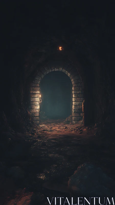 Low-key lit stone tunnel archway receding into volumetric fog