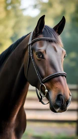 Elegant bay horse gazes calmly in soft morning pasture light.