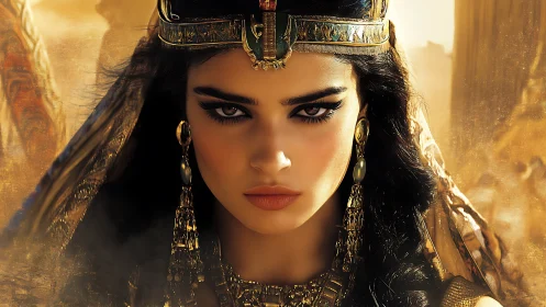 Regal digital portrait of intense ancient queen figure.