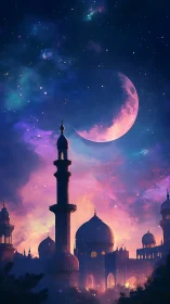 Moonlit minarets under cotton-candy cosmos dreamscape.