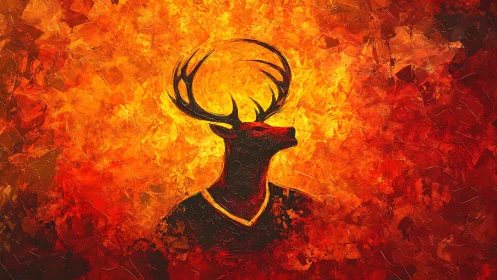 Digital painting of stag silhouette within fiery abstract field.