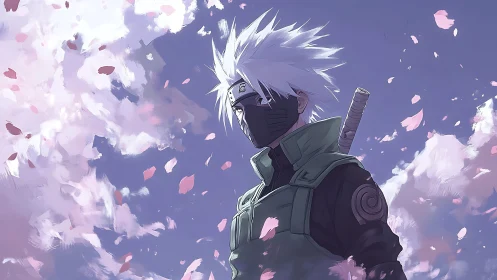Masked anime swordsman stands under drifting cherry blossoms