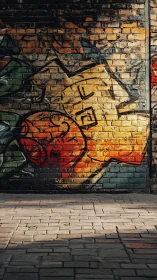 Urban brick wall graffiti with warm gradient character motif.