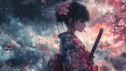 Anime sakura warrior in atmospheric samurai portrait composition.