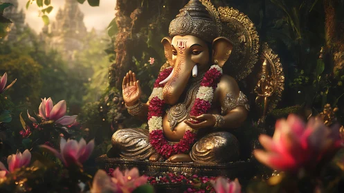 Golden Ganesha statue in forest shrine with lotus flowers.