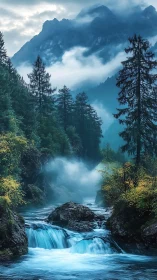 Misty mountain river with cascading blue water and pines.