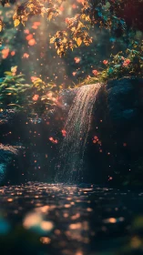 Enchanted forest waterfall under glowing golden light.
