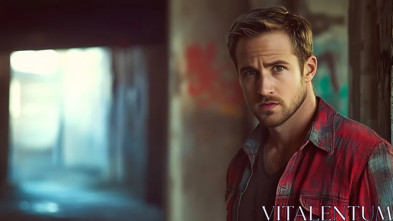Brooding man in red jacket under moody urban light.
