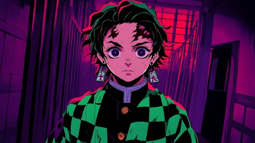 Bold anime hero stands strong in glowing neon hallway