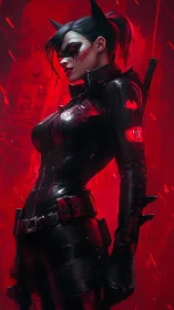 Armored female vigilante stands in red backlit urban scene