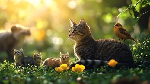 Tabby cat with kittens in garden among flowers and wildlife.