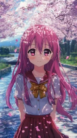 Pink haired student under cherry blossoms by riverside path.