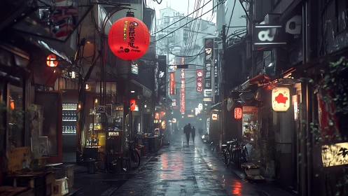 Lanterns glow softly along a rainy Tokyo side street walk