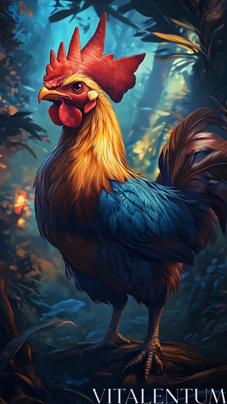 Rooster with Red Plumage in Forest Environment.