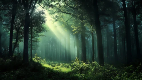 Luminous Forest Cathedral: Ethereal Light Through Ancient Trees.