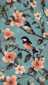 Gentle songbirds resting among soft coral blooms on teal.
