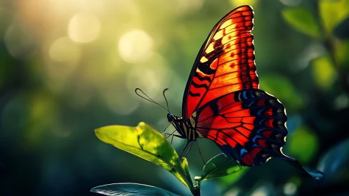 Orange butterfly on leaf in soft green backlight.