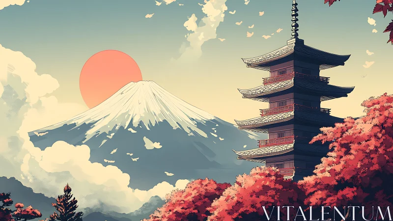 Pagoda stands before snow peak and low red sun in sky