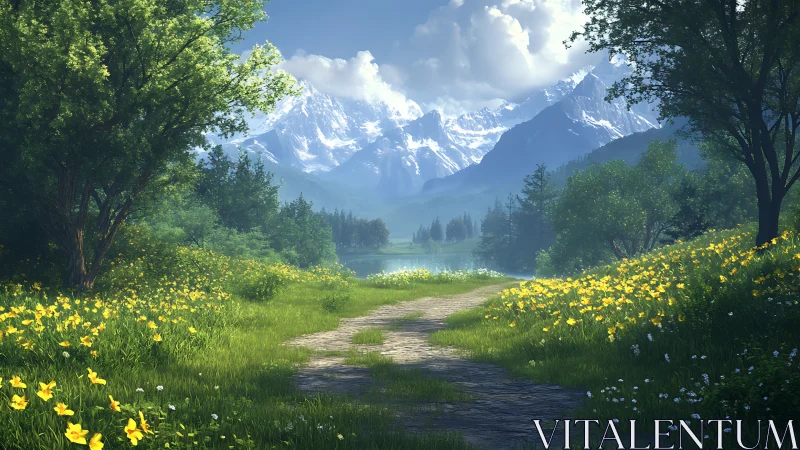 Mountain meadow pathway under soft spring daylight.