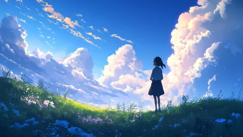 Girl on sunlit hill gazes into vast, cloud-filled sky.