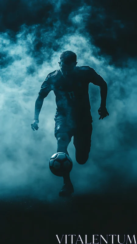 Backlit football striker in dense cyan atmospheric haze.