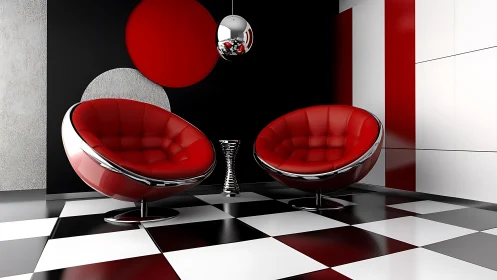 Chromed orbital lounge set in high-contrast geometric interior.