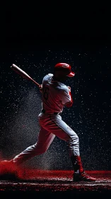 Backlit baseball slugger captured mid-swing in dynamic motion