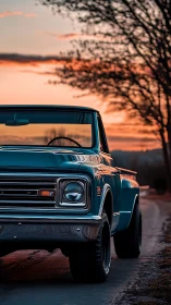 Classic teal pickup truck at rural sunset roadside.