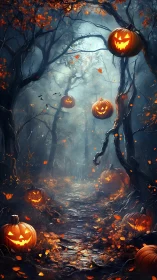 Nocturnal jack-o-lantern corridor in misted deciduous forest.