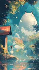 Girl meets gentle forest spirit beside a glowing river.