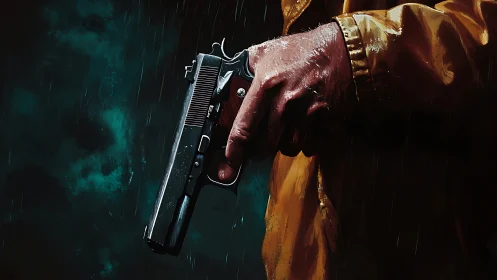 Hand gripping pistol in rain evokes tense cinematic drama.