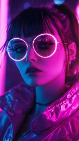 Neon-lit portrait with circular luminescent eyewear and chromatic jacket.