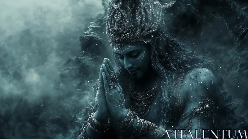 Blue-toned divine figure in prayer amid swirling mist.