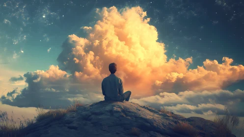 Digital painting of contemplative figure under luminous cloudscape.
