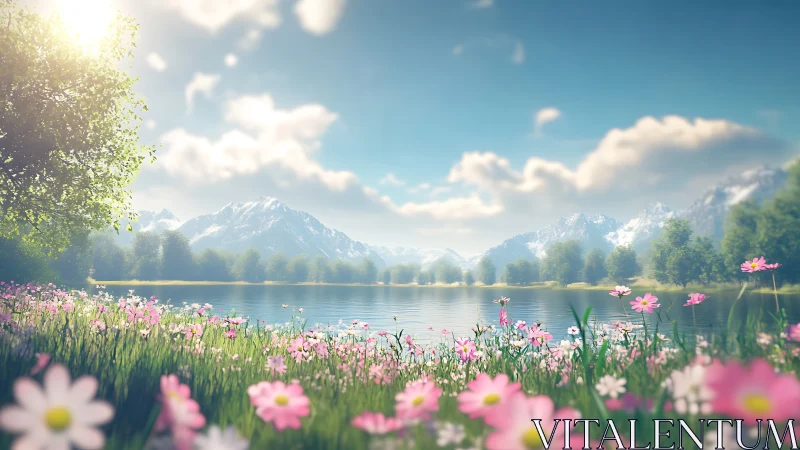 Spring wildflowers glow beside a tranquil alpine lake.
