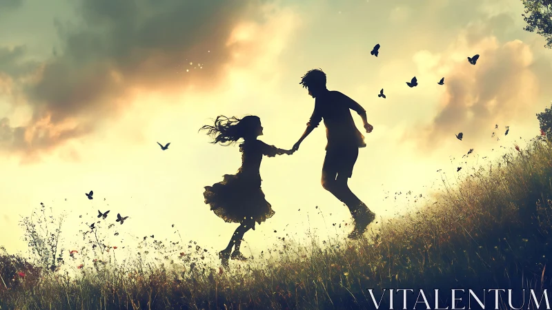 Silhouetted figures running through field with birds in sky