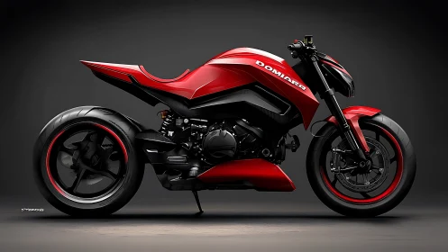 Photorealistic red performance motorcycle side-profile rendering.