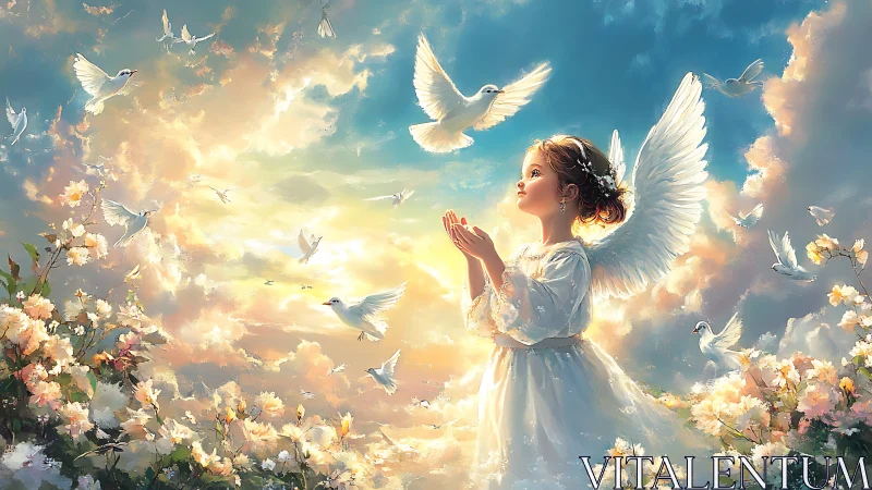 Ethereal child angel in luminous floral sky composition.