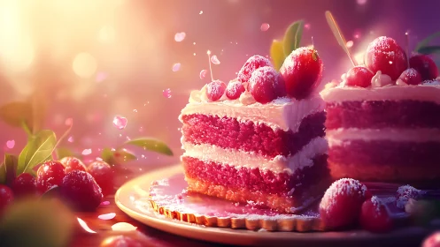 Raspberry Layer Cake with Frosting Garnish.