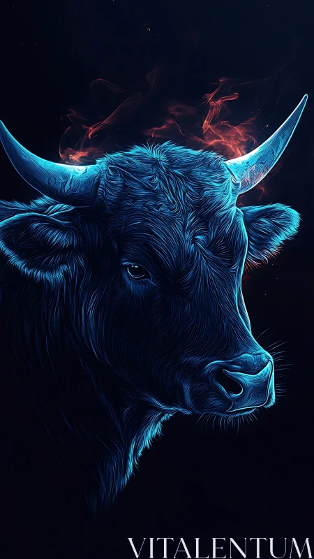 Neon-lit bull portrait isolates luminescent contours in darkness