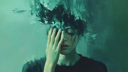 Abstract teal portrait of distressed person with obscured face.