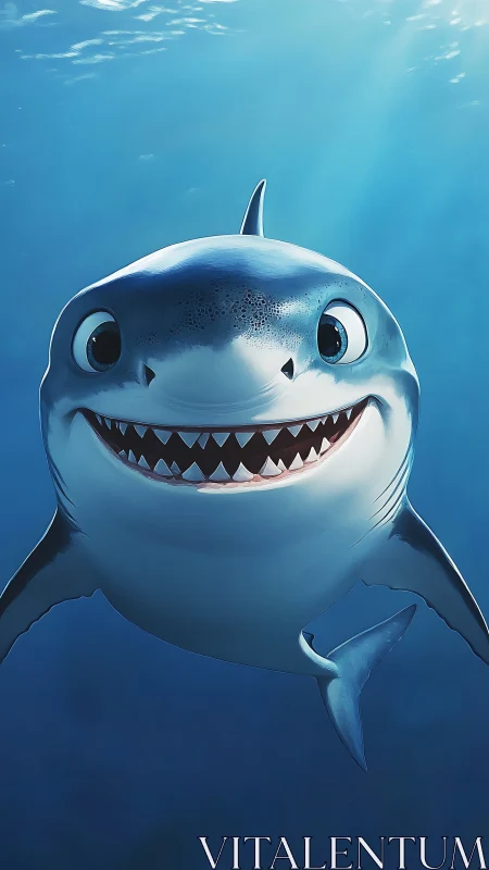 Cartoon shark swims forward with wide smile underwater