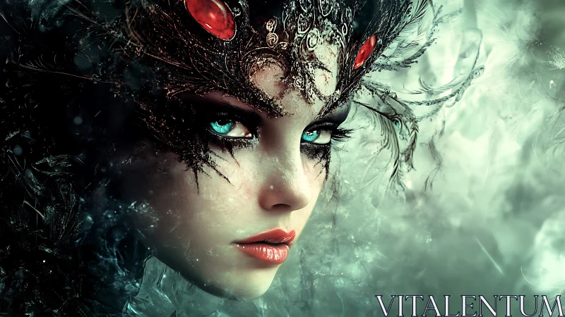 Enchanted ice queen portrait with jeweled feathered crown.