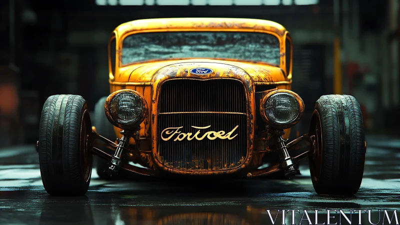 Rust-patinated hot rod coupe under moody industrial light.