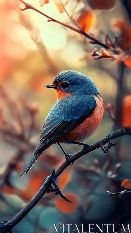 Luminous songbird perched amid autumn bokeh glow.