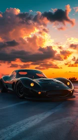 Black sports coupe on empty asphalt at vivid sunset.